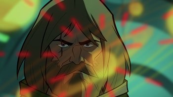 Movie still from “Green Lantern: Beware My Power” (2022), directed by Jeff Wamester – An old man with long hair and a long beard; Extreme Close Up shot, Low angle