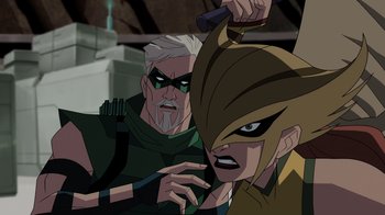 Movie still from “Green Lantern: Beware My Power” (2022), directed by Jeff Wamester – A man and a woman are fighting in a room; Close Up shot, Over the shoulder angle