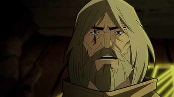Movie still from “Green Lantern: Beware My Power” (2022), directed by Jeff Wamester – An animated picture of a man with long white hair; Close Up shot, Over the shoulder angle
