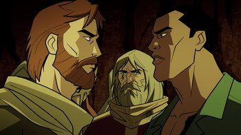 Movie still from “Green Lantern: Beware My Power” (2022), directed by Jeff Wamester – A group of men standing next to each other in a room; Close Up shot, Over the shoulder angle