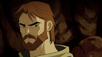 Movie still from “Green Lantern: Beware My Power” (2022), directed by Jeff Wamester – An illustration of a man with long hair and a beard; Close Up shot, Over the shoulder angle