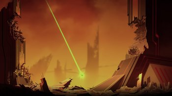 Movie still from “Green Lantern: Beware My Power” (2022), directed by Jeff Wamester – An image of a green laser beam in the sky; Extreme Wide shot, Low angle