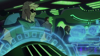 Movie still from “Green Lantern: Beware My Power” (2022), directed by Jeff Wamester – A group of people in a room with green lights; Wide shot, Over the shoulder angle
