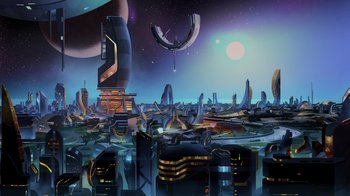 Movie still from “Green Lantern: Beware My Power” (2022), directed by Jeff Wamester – An illustration of an alien city at night time; Extreme Wide shot, Low angle