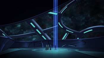 Movie still from “Green Lantern: Beware My Power” (2022), directed by Jeff Wamester – A group of people standing in front of a tall light pole; Extreme Wide shot, Low angle