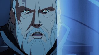 Movie still from “Green Lantern: Beware My Power” (2022), directed by Jeff Wamester – An illustration of an old man with a beard; Close Up shot, Low angle