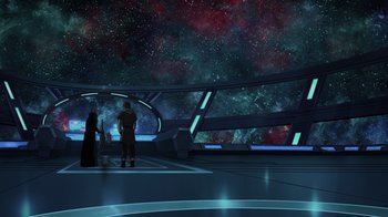 Movie still from “Green Lantern: Beware My Power” (2022), directed by Jeff Wamester – A group of people standing in front of a wall with a sky background; Extreme Wide shot, Low angle