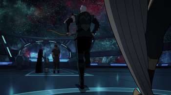 Movie still from “Green Lantern: Beware My Power” (2022), directed by Jeff Wamester – A man with a sword standing in front of a space background; Wide shot, Over the shoulder angle