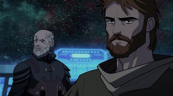 Movie still from “Green Lantern: Beware My Power” (2022), directed by Jeff Wamester – Two men standing next to each other in front of a space background; Medium shot, Over the shoulder angle