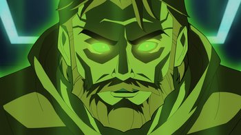 Movie still from “Green Lantern: Beware My Power” (2022), directed by Jeff Wamester – An illustration of a man's face with green eyes; Close Up shot, Low angle