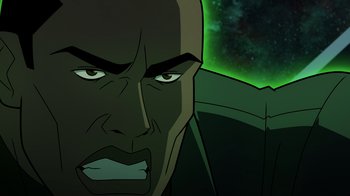 Movie still from “Green Lantern: Beware My Power” (2022), directed by Jeff Wamester – An animated picture of a man with his mouth wide open; Close Up shot, Over the shoulder angle