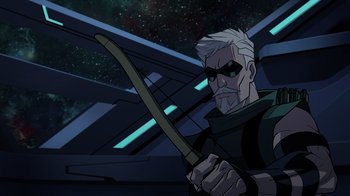 Movie still from “Green Lantern: Beware My Power” (2022), directed by Jeff Wamester – An older man holding a sword in front of a space background; Close Up shot, Over the shoulder angle