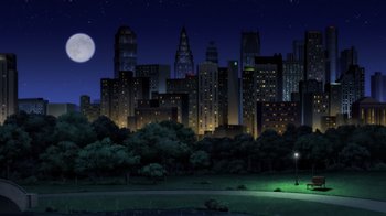 Movie still from “Green Lantern: Beware My Power” (2022), directed by Jeff Wamester – An illustration of a city skyline at night; Extreme Wide shot, High angle