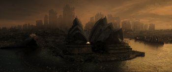 Movie still from “Greenland” (2020), directed by Ric Roman Waugh – An image of an image of an image of an image of an image of an image of an image of an image of an image of an image; Extreme Wide shot, High angle