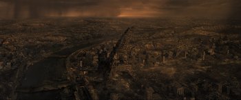 Movie still from “Greenland” (2020), directed by Ric Roman Waugh – An aerial view of the eiffel tower at night; Extreme Wide shot, High angle