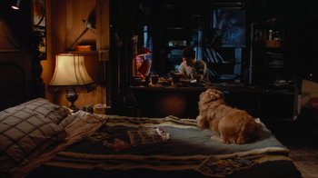 Movie still from “Gremlins” (1984), directed by Joe Dante – A dog sitting on the floor in a room; Wide shot, High angle