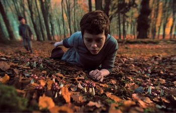 Movie still from “Gretel & Hansel” (2020), directed by Oz Perkins – A young boy laying on the ground surrounded by leaves and mushrooms; Medium shot, High angle