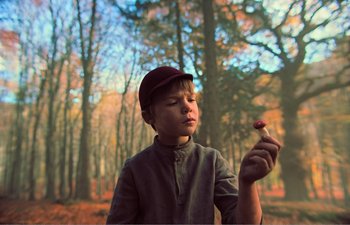 Movie still from “Gretel & Hansel” (2020), directed by Oz Perkins – A young boy holding a piece of food in his hand; Close Up shot, High angle