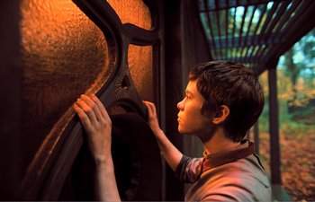 Movie still from “Gretel & Hansel” (2020), directed by Oz Perkins – A young man is touching a wooden object; Close Up shot, Low angle