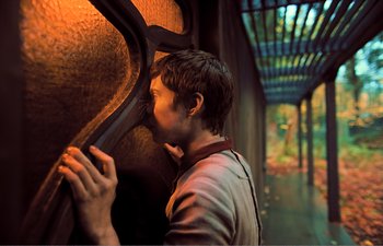 Movie still from “Gretel & Hansel” (2020), directed by Oz Perkins – A young man leaning against a wall with his hands on his face; Extreme Close Up shot, Over the shoulder angle