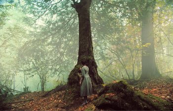 Movie still from “Gretel & Hansel” (2020), directed by Oz Perkins – A woman standing next to a tree in the woods; Extreme Wide shot, Low angle