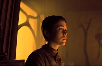 Movie still from “Gretel & Hansel” (2020), directed by Oz Perkins – A young man is looking up at the light; Close Up shot, Low angle