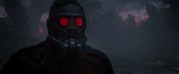 Movie still from “Guardians of the Galaxy” (2014), directed by James Gunn – A person wearing a mask; Close Up shot, Over the shoulder angle