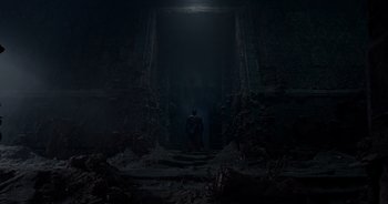 Movie still from “Guardians of the Galaxy” (2014), directed by James Gunn – A man standing in front of an open door; Extreme Wide shot, Low angle