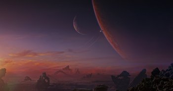 Movie still from “Guardians of the Galaxy” (2014), directed by James Gunn – An image of an exoplanet in the distance; Extreme Wide shot, High angle