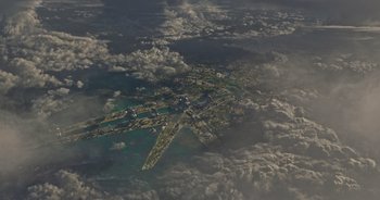 Movie still from “Guardians of the Galaxy” (2014), directed by James Gunn – An aerial view of a large city with a large body of water in the middle; Extreme Wide shot, Overhead angle