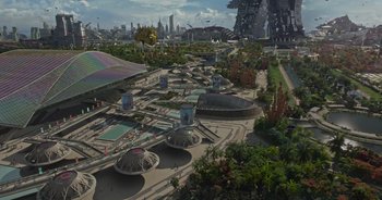 Movie still from “Guardians of the Galaxy” (2014), directed by James Gunn – An aerial view of a futuristic city with a lot of trees; Extreme Wide shot, High angle