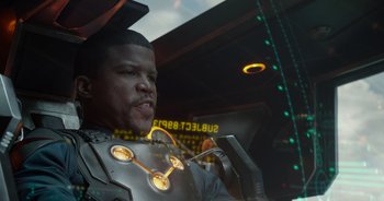 Movie still from “Guardians of the Galaxy” (2014), directed by James Gunn – A person wearing a helmet; Close Up shot, Low angle