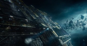 Movie still from “Guardians of the Galaxy” (2014), directed by James Gunn – An image of an alien ship in the night sky; Extreme Wide shot, Overhead angle
