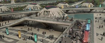 Movie still from “Guardians of the Galaxy” (2014), directed by James Gunn – An artist's rendering of people walking on a bridge; Extreme Wide shot, High angle