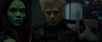 Movie still from “Guardians of the Galaxy” (2014), directed by James Gunn – A person wearing a costume; Close Up shot, Low angle