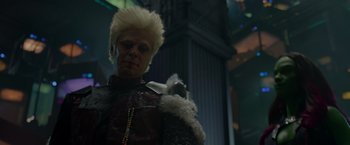 Movie still from “Guardians of the Galaxy” (2014), directed by James Gunn – A man with white hair is wearing a wig; Close Up shot, Low angle