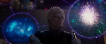 Movie still from “Guardians of the Galaxy” (2014), directed by James Gunn – A man with white hair is looking up at the sky; Close Up shot, Over the shoulder angle