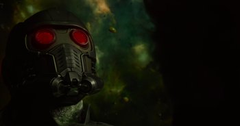 Movie still from “Guardians of the Galaxy” (2014), directed by James Gunn – The head of a robot; Close Up shot, Over the shoulder angle