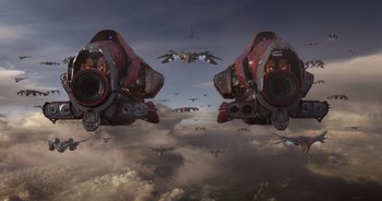 Movie still from “Guardians of the Galaxy” (2014), directed by James Gunn – A group of fighter jets flying through the sky; Extreme Wide shot, Low angle