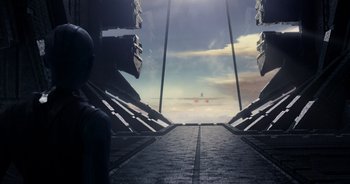 Movie still from “Guardians of the Galaxy” (2014), directed by James Gunn – A view of a sky from the top of an airplane; Extreme Wide shot, Low angle