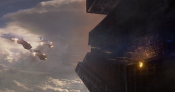Movie still from “Guardians of the Galaxy” (2014), directed by James Gunn – A view of a building from the ground looking up; Extreme Wide shot, Low angle
