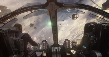 Movie still from “Guardians of the Galaxy” (2014), directed by James Gunn – A view from inside an airplane looking out the cockpit; Extreme Wide shot, Overhead angle