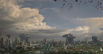 Movie still from “Guardians of the Galaxy” (2014), directed by James Gunn – An image of a city with a sky background; Extreme Wide shot, High angle