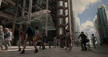 Movie still from “Guardians of the Galaxy” (2014), directed by James Gunn – A group of people walking down a street; Extreme Wide shot, High angle