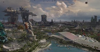 Movie still from “Guardians of the Galaxy” (2014), directed by James Gunn – An aerial view of a city with a lot of buildings; Extreme Wide shot, High angle