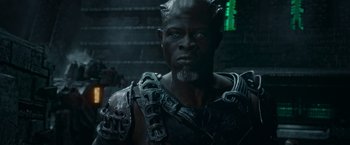 Movie still from “Guardians of the Galaxy” (2014), directed by James Gunn – A man with a beard is wearing a helmet; Close Up shot, High angle