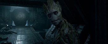Movie still from “Guardians of the Galaxy” (2014), directed by James Gunn – The face of groot from guardians of the galaxy; Close Up shot, Low angle