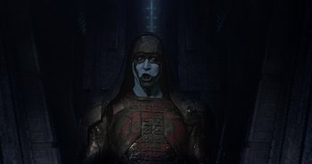 Movie still from “Guardians of the Galaxy” (2014), directed by James Gunn – An image of a man in a costume in the dark; Medium shot, Low angle