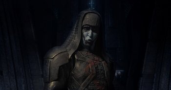 Movie still from “Guardians of the Galaxy” (2014), directed by James Gunn – A man in a metal suit with a hood on; Close Up shot, Low angle