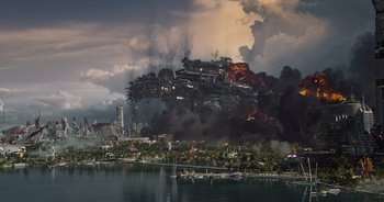 Movie still from “Guardians of the Galaxy” (2014), directed by James Gunn – An image of an island that looks like it is on fire; Extreme Wide shot, High angle